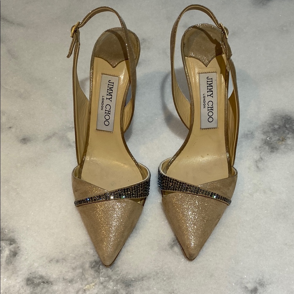 Jimmy Choo Gold Slingback Heels with Pointed Toe